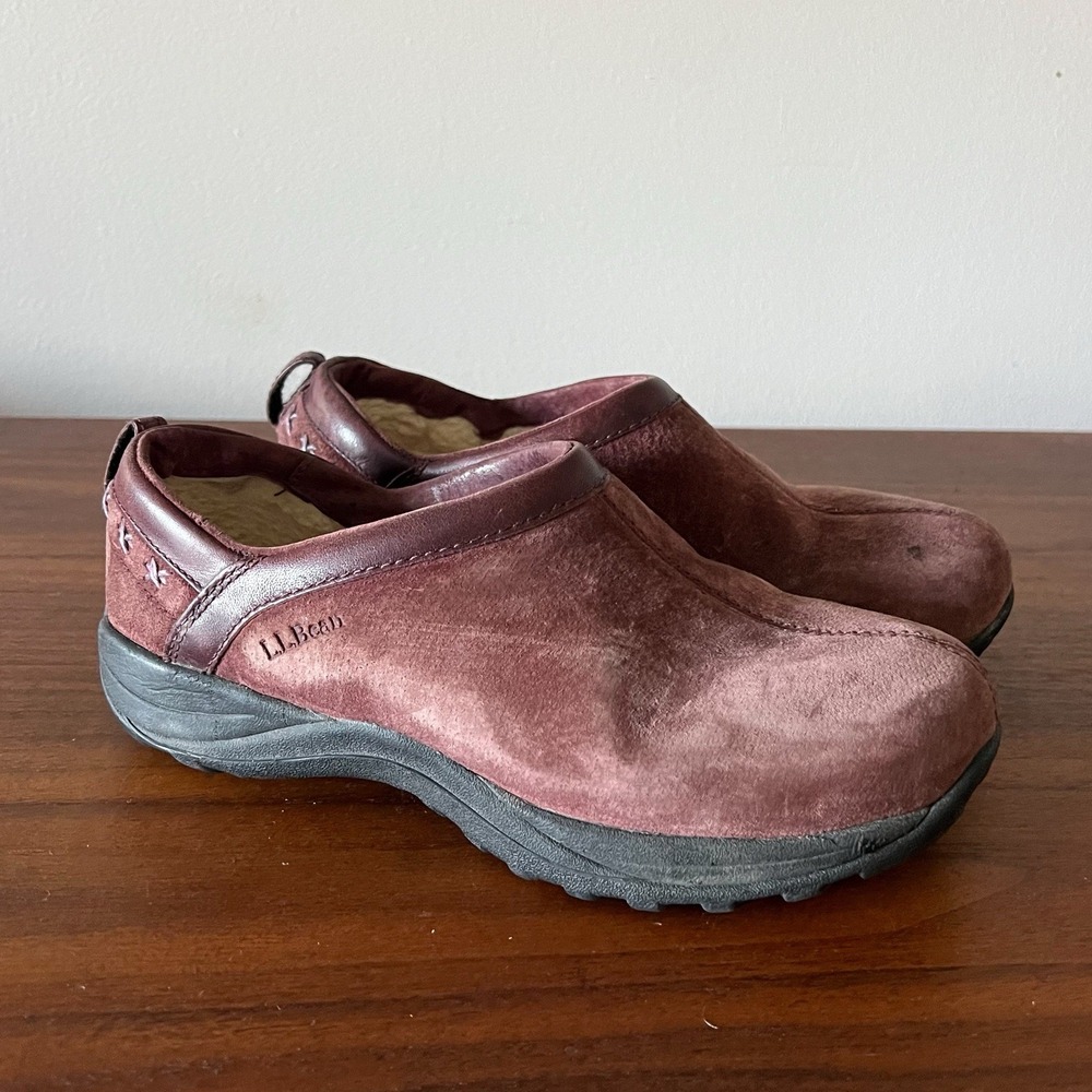 L.L. Bean Women's Suede Clog Mules Size 6 Burgundy Shearling Lined Slip On Shoes